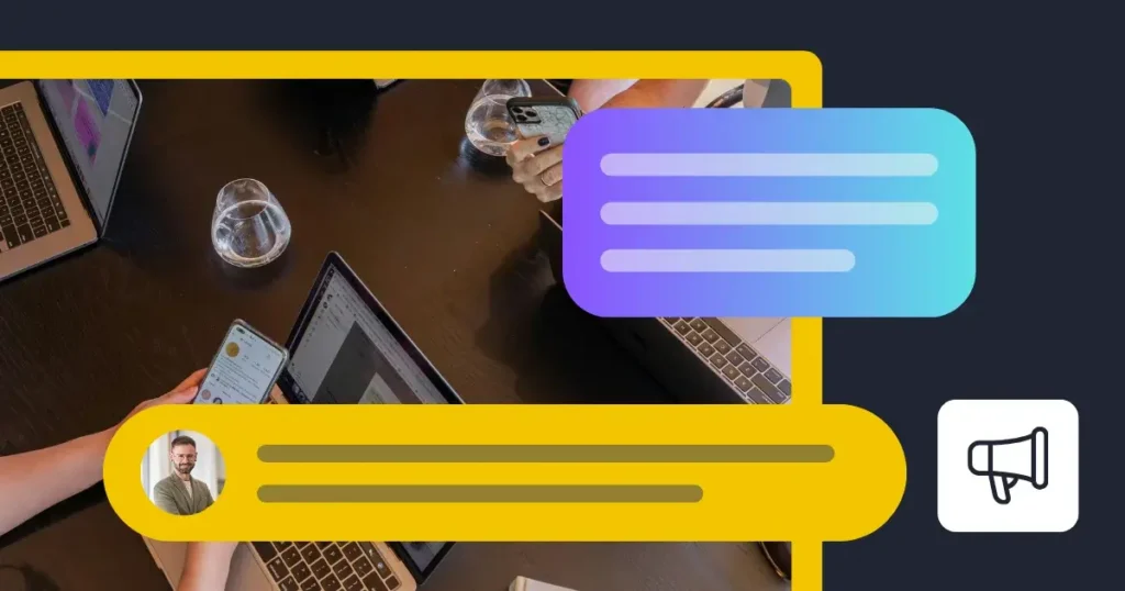 Graphic representing social media management software, with people using laptops and a smartphone alongside stylized post, message, and announcement elements.