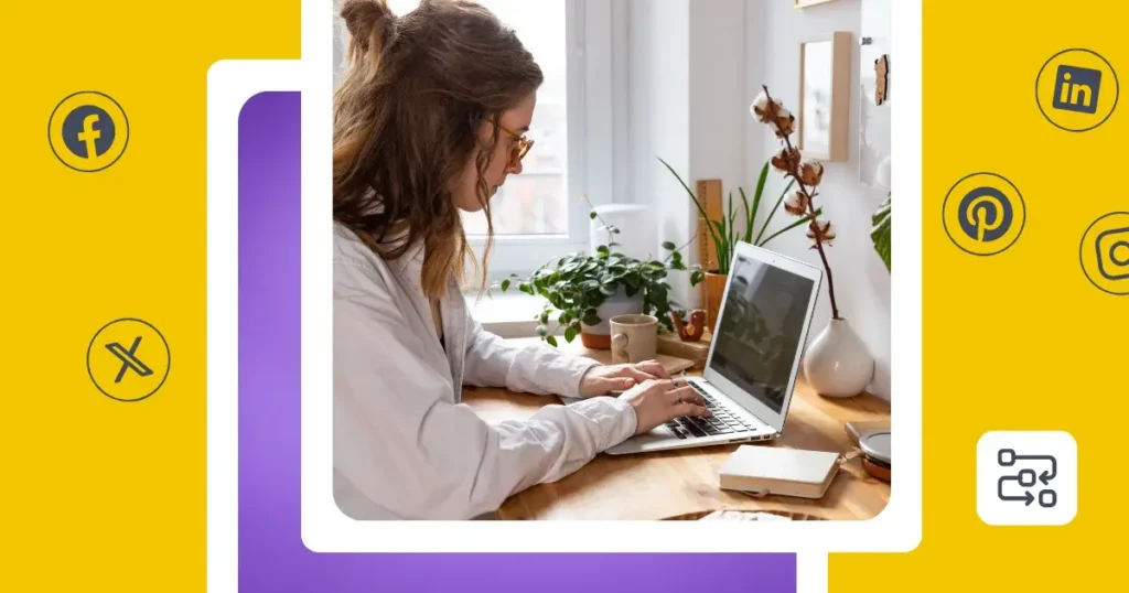 A woman working on a laptop at a wooden desk beside a bright window, surrounded by potted plants, a vase of dried flowers, and a notebook. The photo is framed by a white rounded border against a colorful yellow, purple, and cyan background with social media icons.A woman working on a laptop at a wooden desk beside a bright window, surrounded by potted plants, a vase of dried flowers, and a notebook. The photo is framed by a white rounded border against a colorful yellow, purple, and cyan background with social media icons.