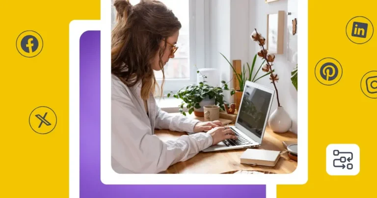 A woman working on a laptop at a wooden desk beside a bright window, surrounded by potted plants, a vase of dried flowers, and a notebook. The photo is framed by a white rounded border against a colorful yellow, purple, and cyan background with social media icons.A woman working on a laptop at a wooden desk beside a bright window, surrounded by potted plants, a vase of dried flowers, and a notebook. The photo is framed by a white rounded border against a colorful yellow, purple, and cyan background with social media icons.