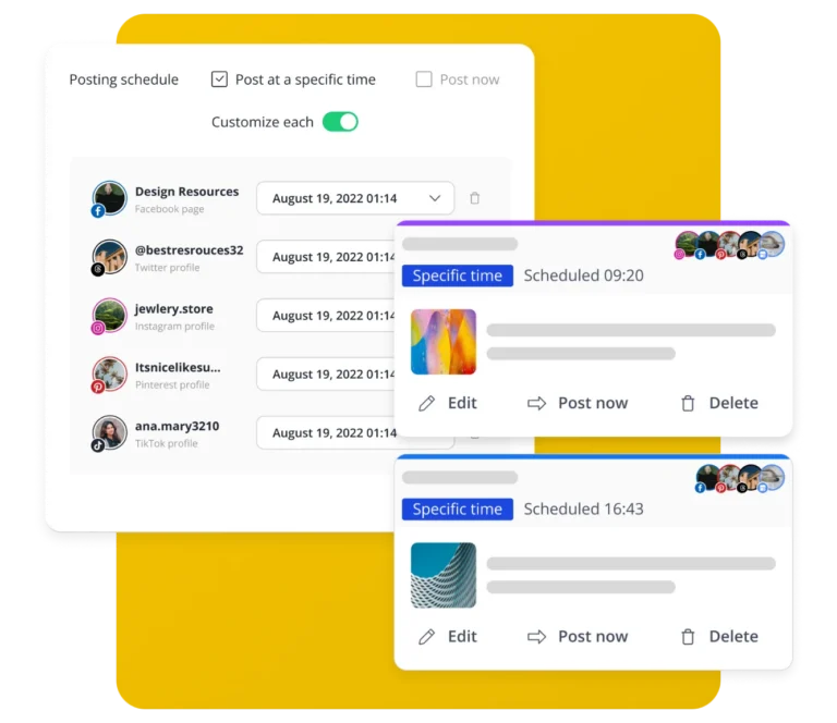 SocialBee posting schedule showing customized publishing times for Facebook, Threads, Instagram, Pinterest, and TikTok profiles, with scheduled post previews.