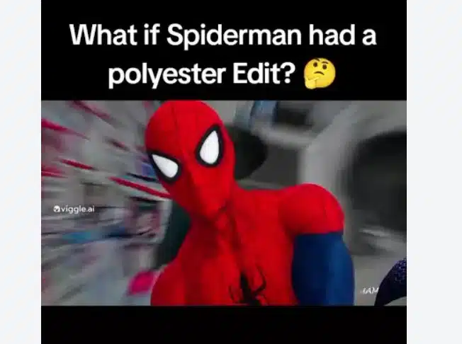 Spider-Man in a blurred video edit with text asking, “What if Spiderman had a polyester Edit?”