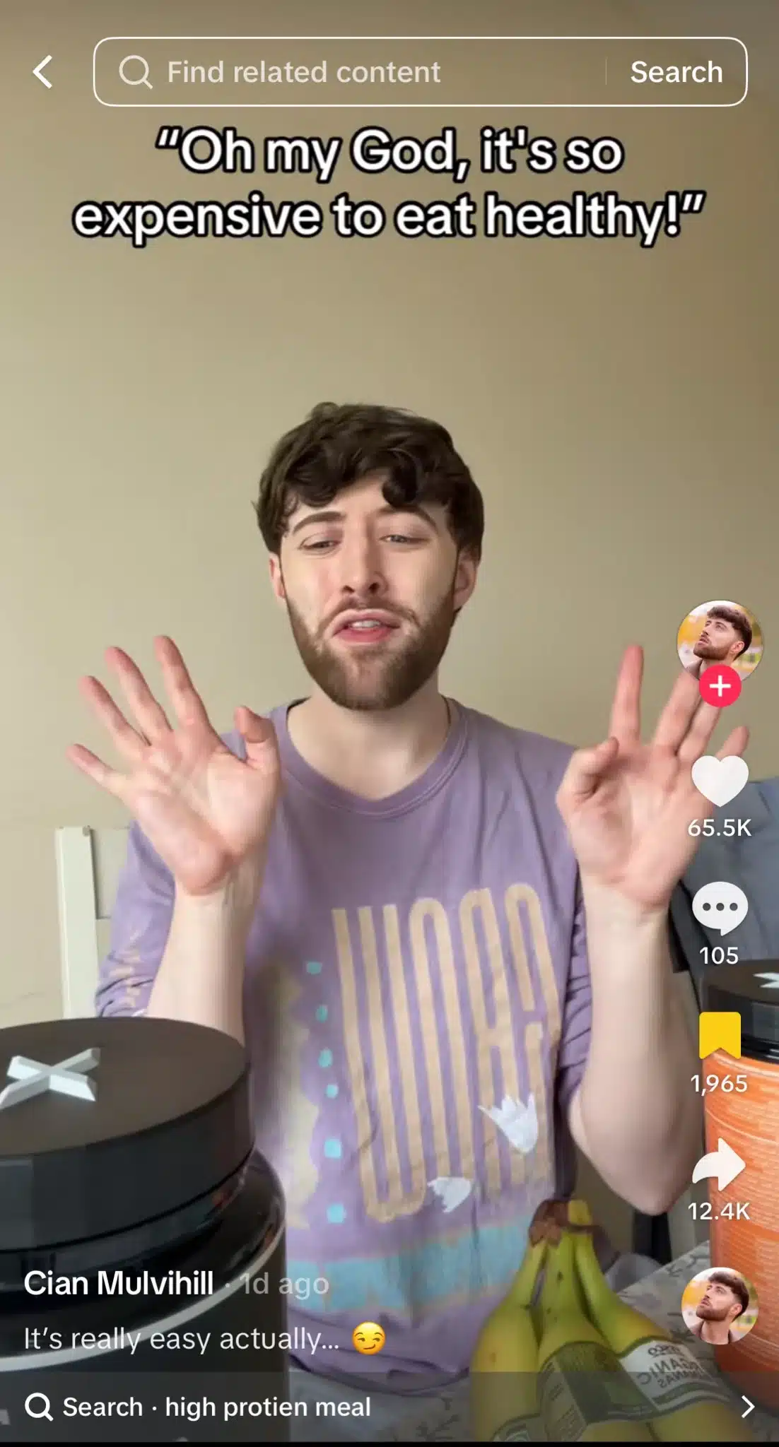TikTok video showing a man reacting to the claim “Oh my God, it’s so expensive to eat healthy!” as part of a humorous video about affordable healthy eating.