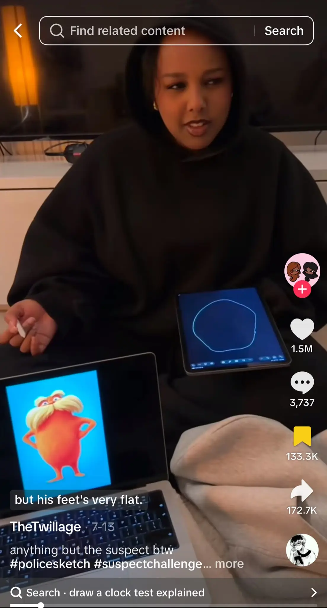 TikTok video showing one person describing a character while another attempts to draw it on a tablet as part of the police suspect drawing trend.