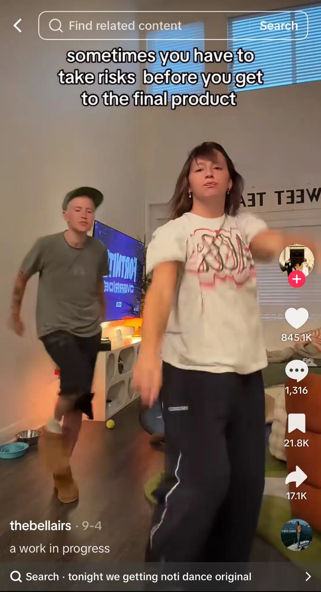 TikTok video showing two people performing a dance trend, with text reading, “sometimes you have to take risks before you get to the final product.”