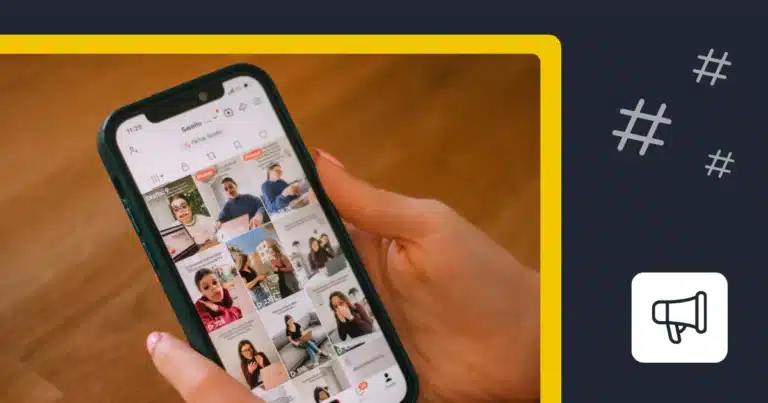 Person holding a phone open to a TikTok profile beside hashtag symbols and a megaphone icon.
