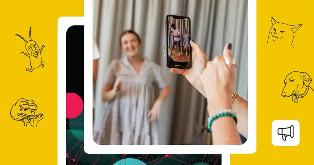 Person filming a TikTok-style video on a phone surrounded by meme illustrations.