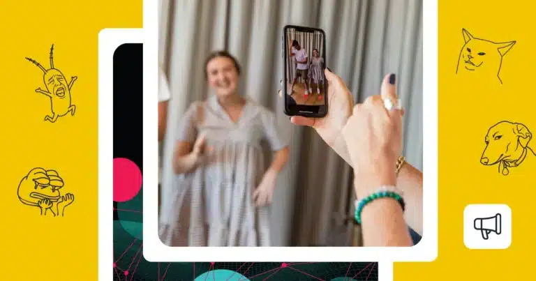 Person filming a TikTok-style video on a phone surrounded by meme illustrations.