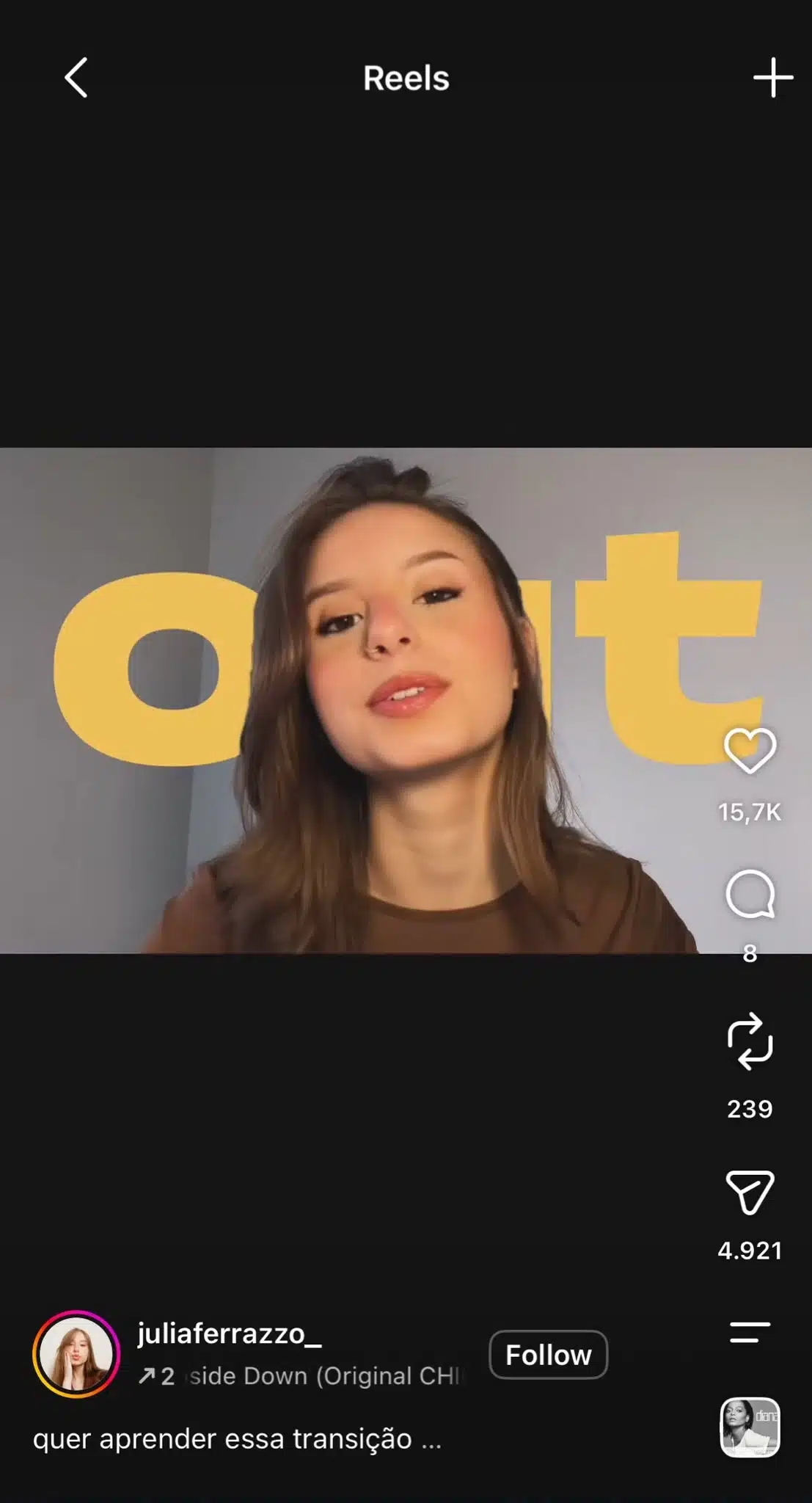 Instagram Reel showing a woman demonstrating a video transition effect with large yellow text moving behind her.