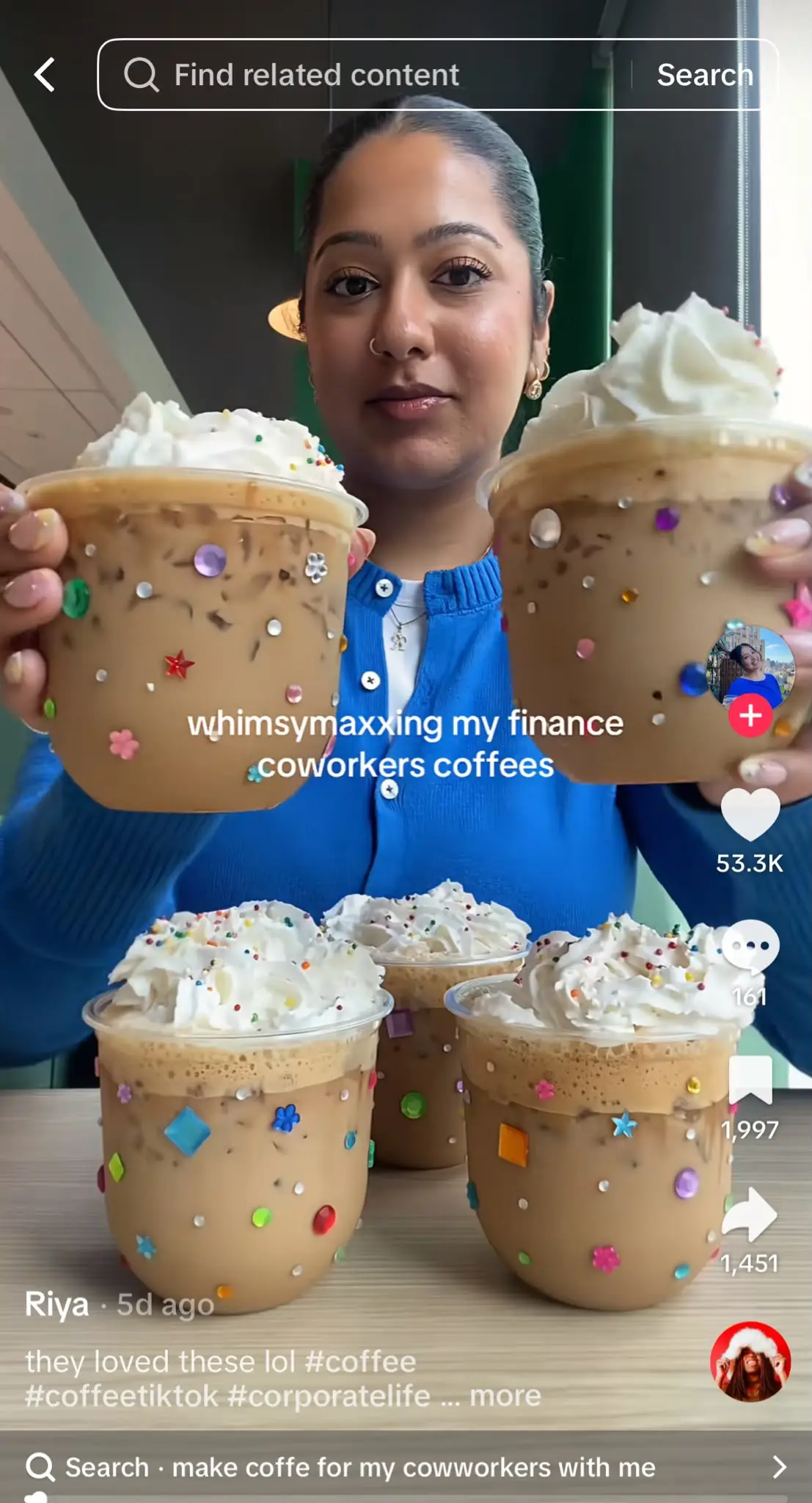 TikTok video showing a woman holding two iced coffees decorated with colorful gems, with more decorated coffees on the table. Text reads, “whimsymaxxing my finance coworkers coffees.”
