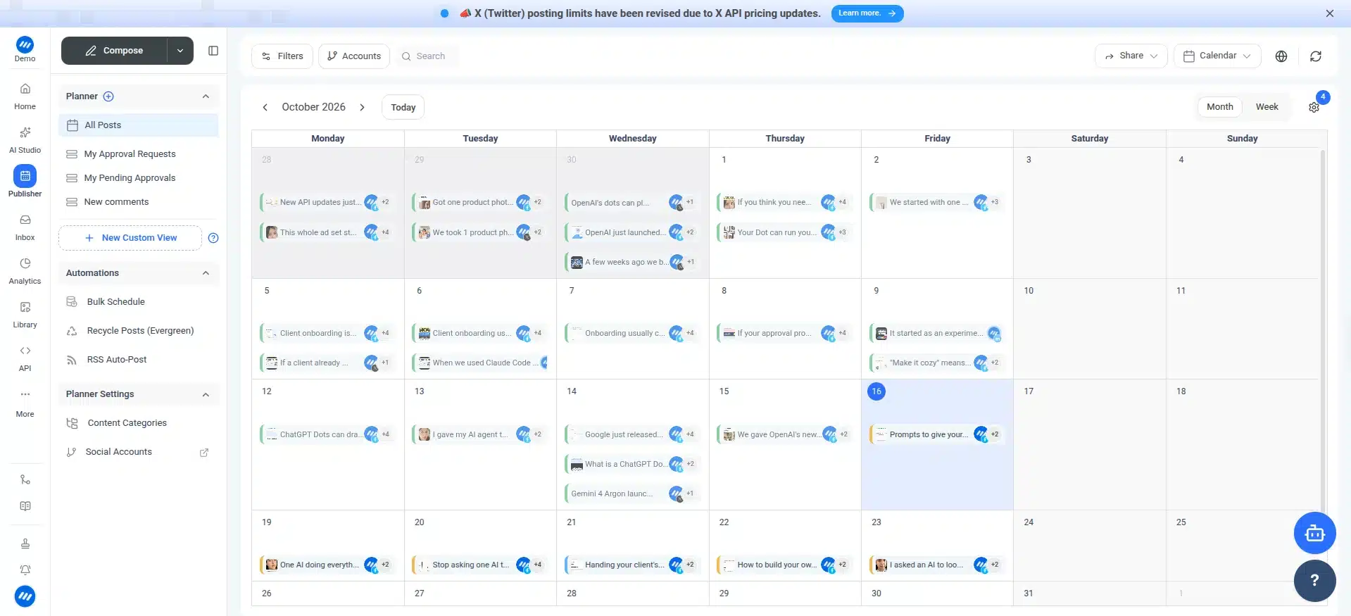 ContentStudio's social media content calendar in month view for October 2026, displaying scheduled posts across multiple social media accounts. The dashboard includes publishing tools, content filters, approval requests, bulk scheduling, and post recycling options.