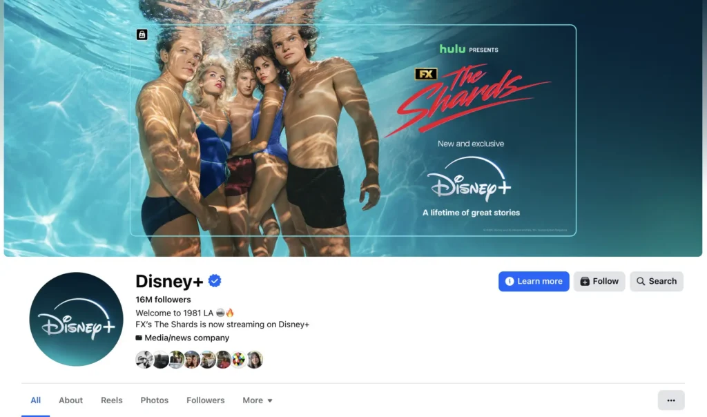 Disney+ Facebook page featuring a promotional cover image for FX’s The Shards. Four people stand underwater in a swimming pool with light reflections across their bodies. The cover includes Hulu, FX, and Disney+ branding with the text “The Shards” and “New and exclusive on Disney+.” Below the cover, the verified Disney+ Facebook page profile is visible.