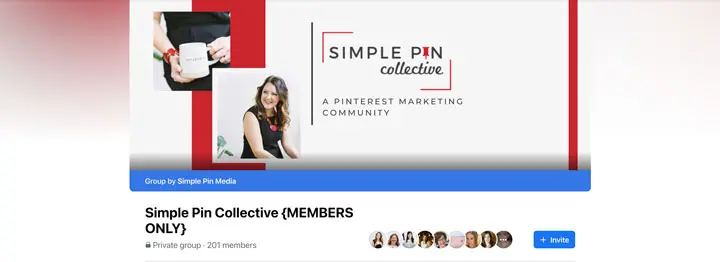 Facebook group page for Simple Pin Collective. The cover banner displays the Simple Pin Collective logo, a photo of a person, and the tagline “A Pinterest Marketing Community” on a white background with red accents. The page indicates it is a private group with 201 members.