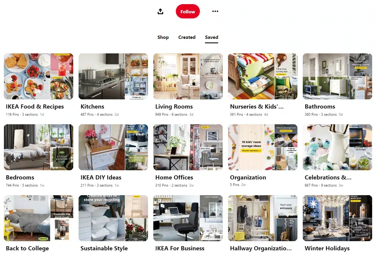 IKEA's Pinterest profile displaying saved boards organized by categories, including Food & Recipes, Kitchens, Living Rooms, Nurseries & Kids, Bathrooms, Bedrooms, DIY Ideas, Home Offices, Organization, Sustainable Style, and seasonal decor. Each board features a collage of related Pinterest pins.