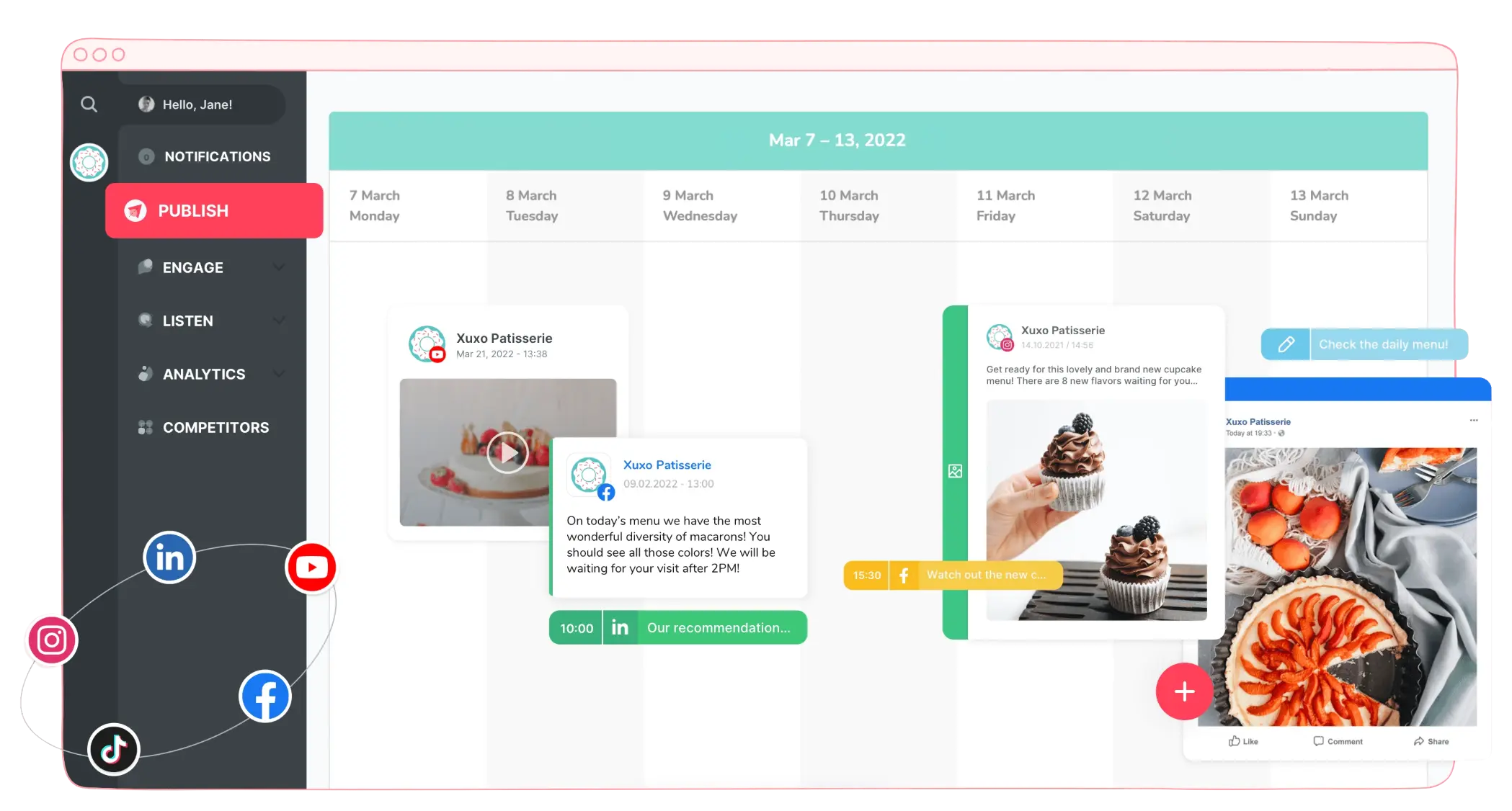 Sociality.io social media publishing calendar displaying scheduled posts for Xuxo Patisserie across Facebook, Instagram, LinkedIn, and YouTube. The dashboard features a weekly calendar with post previews, publishing times, and a sidebar for engagement, social listening, analytics, and competitor monitoring.
