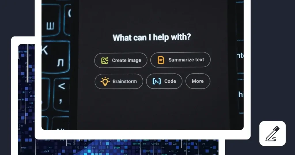 A close-up of a computer screen displaying an AI assistant interface with the heading “What can I help with?” and buttons for “Create image,” “Summarize text,” “Brainstorm,” “Code,” and “More.” The screen is framed by a white border against a dark blue background featuring computer code and keyboard keys, with a pencil icon in the bottom-right corner.