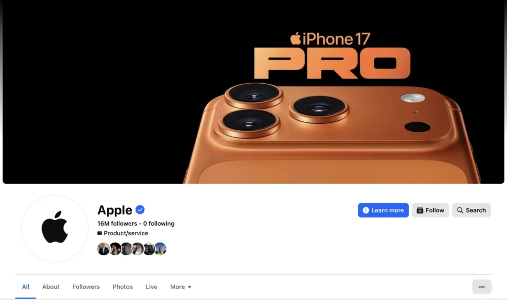 Apple Facebook page featuring a cover image promoting the iPhone 17 Pro. The banner shows a close-up of a bronze-colored iPhone with a triple-camera system against a black background, alongside the text “iPhone 17 Pro.” Below the cover, the verified Apple Facebook page profile is visible with follower information and navigation tabs.
