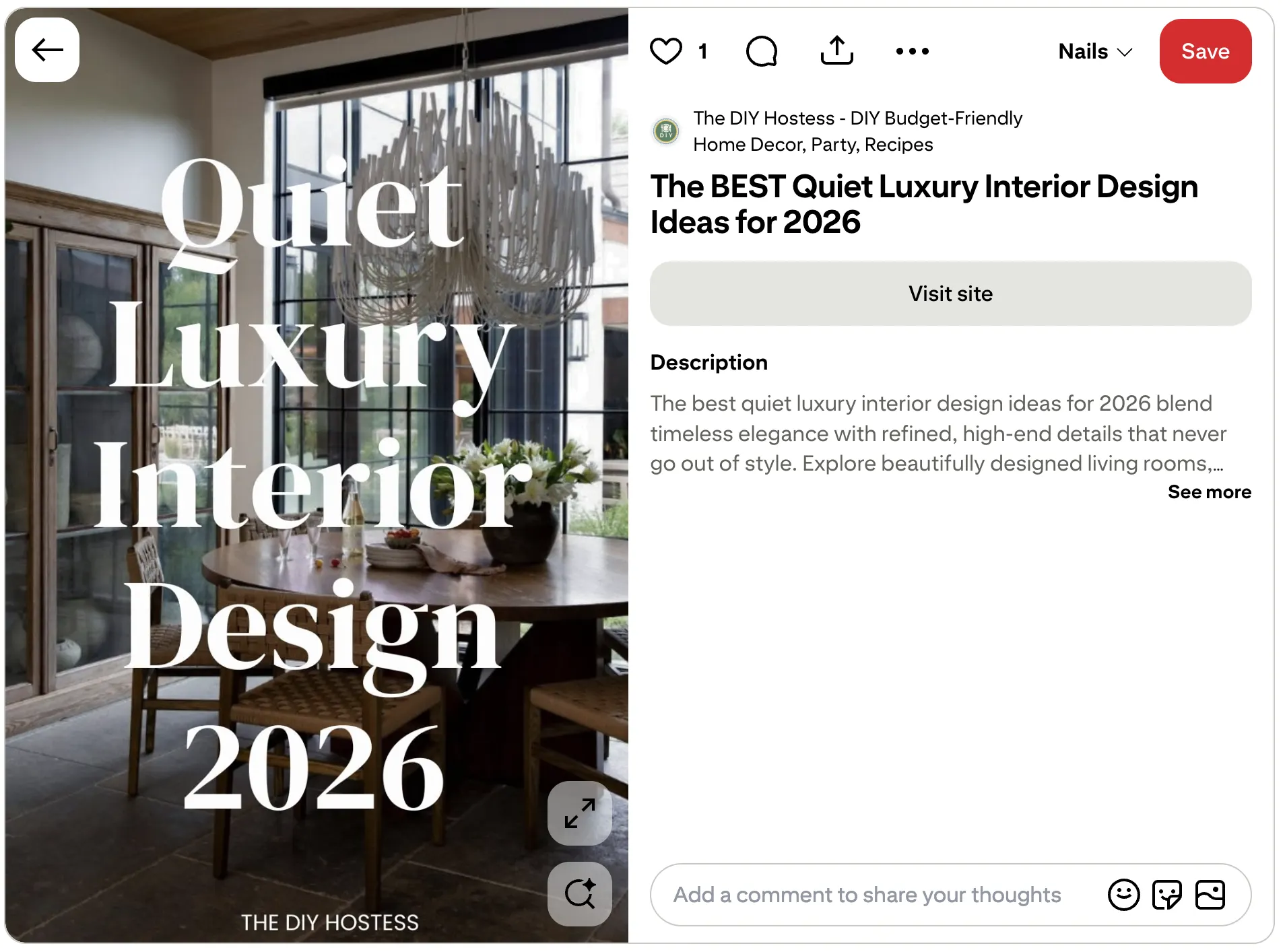Pinterest article Rich Pin from The DIY Hostess titled “The BEST Quiet Luxury Interior Design Ideas for 2026,” featuring a dining room with a wooden table, woven chairs, large windows, and a statement chandelier. The pin includes an article description and a “Visit site” button.