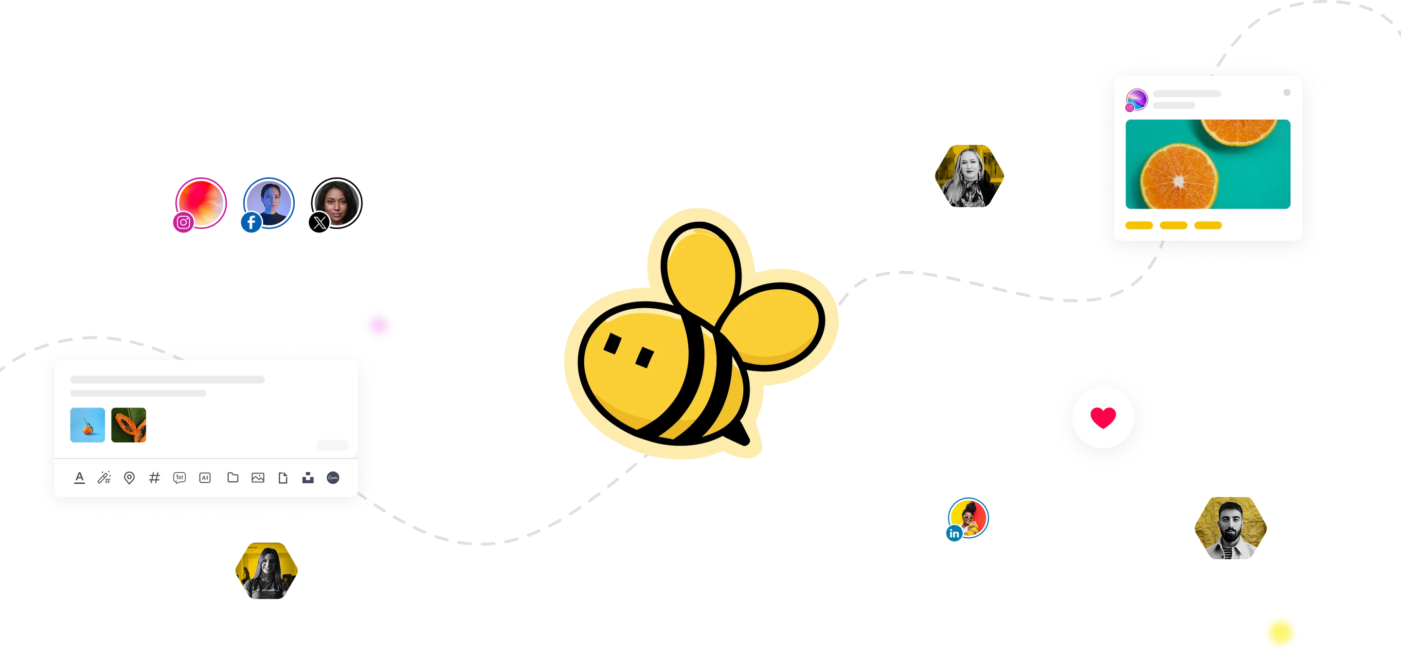Yellow cartoon bee surrounded by Instagram, Facebook, X, and LinkedIn profile icons, a social media post editor, a published post preview featuring oranges, and a pink heart engagement icon.