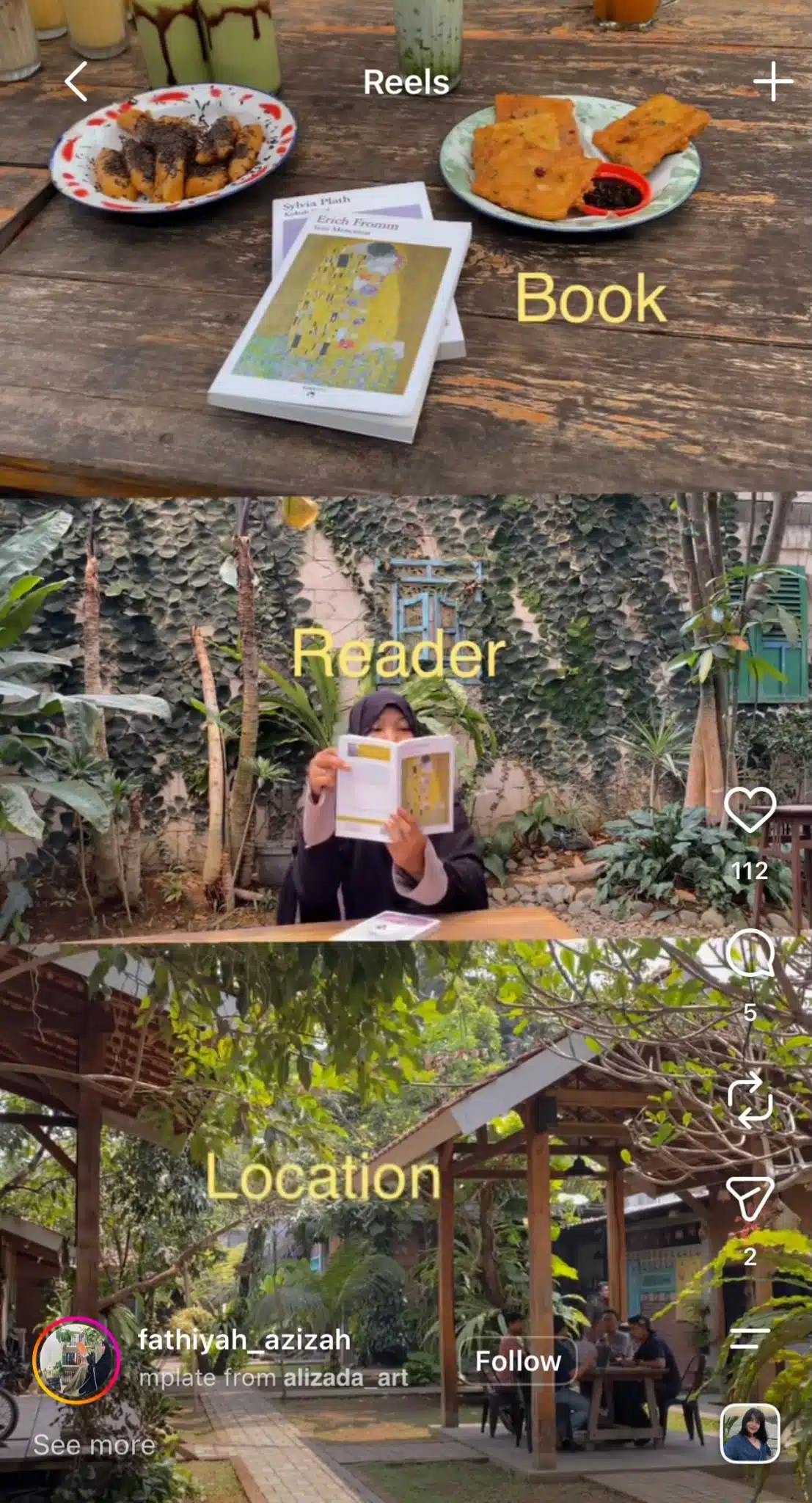 Instagram Reel using a three-part “Book, Reader, Location” format, showing a book beside food, a person reading it, and the outdoor garden setting where they are reading.