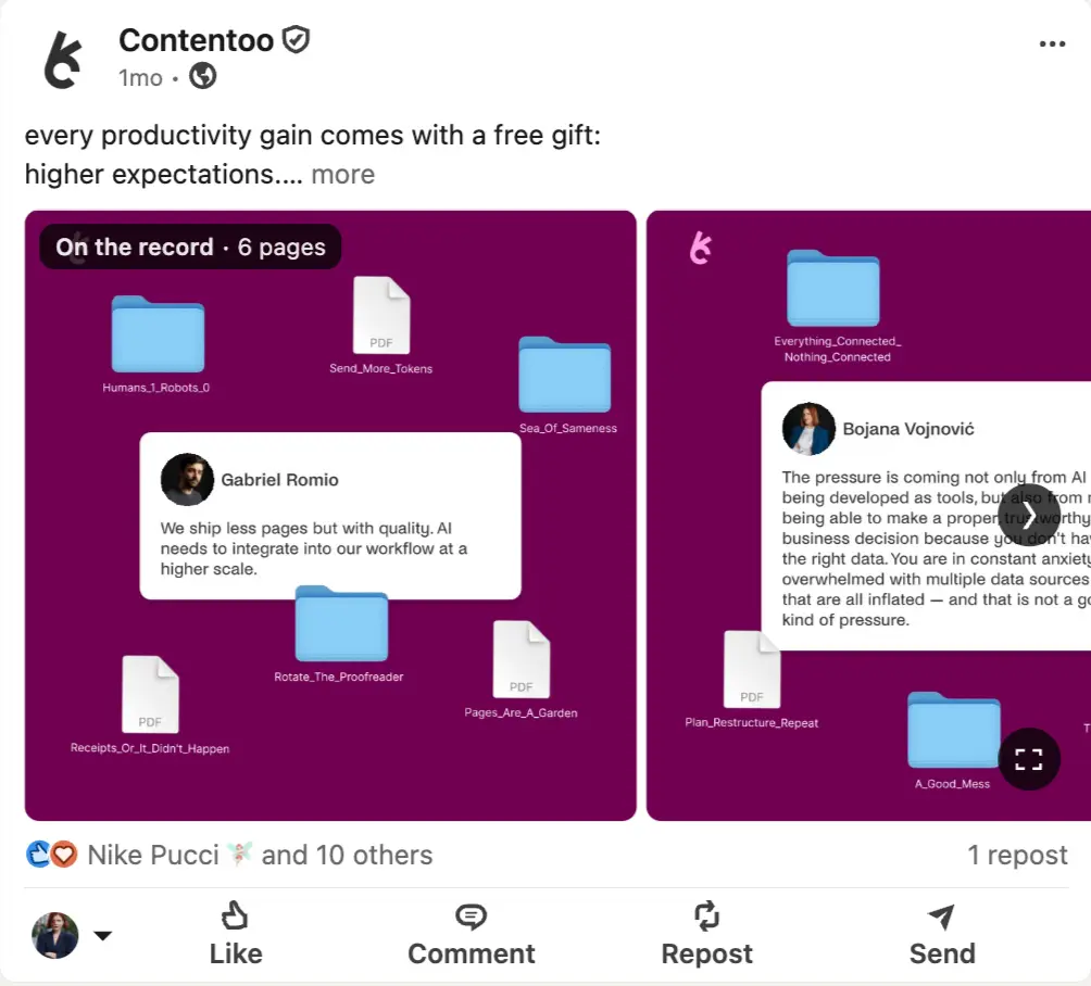  LinkedIn post from Contentoo about productivity gains, higher expectations, and disconnected workflows, featuring a purple design with folders, PDF files, and employee quotes.