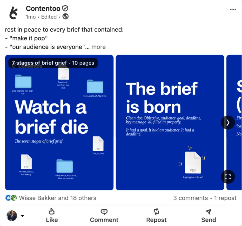 LinkedIn post from Contentoo titled “Watch a brief die,” humorously illustrating the seven stages of brief grief, with a blue design and examples of vague creative briefs.