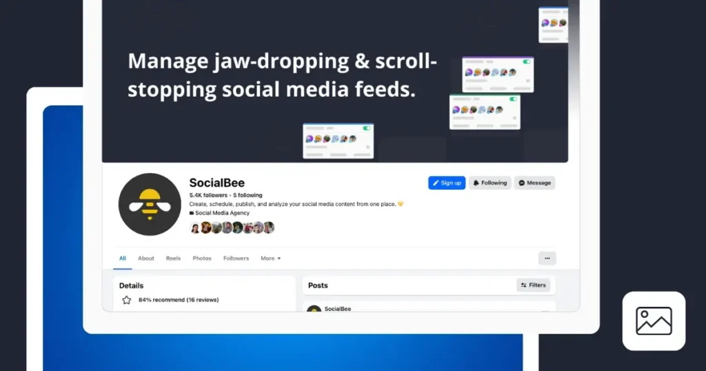 A SocialBee social media management page displayed on a desktop-style interface, featuring the headline “Manage jaw-dropping & scroll-stopping social media feeds,” the SocialBee logo and profile details, follower information, navigation tabs, and a posts section against a dark navy and blue background.