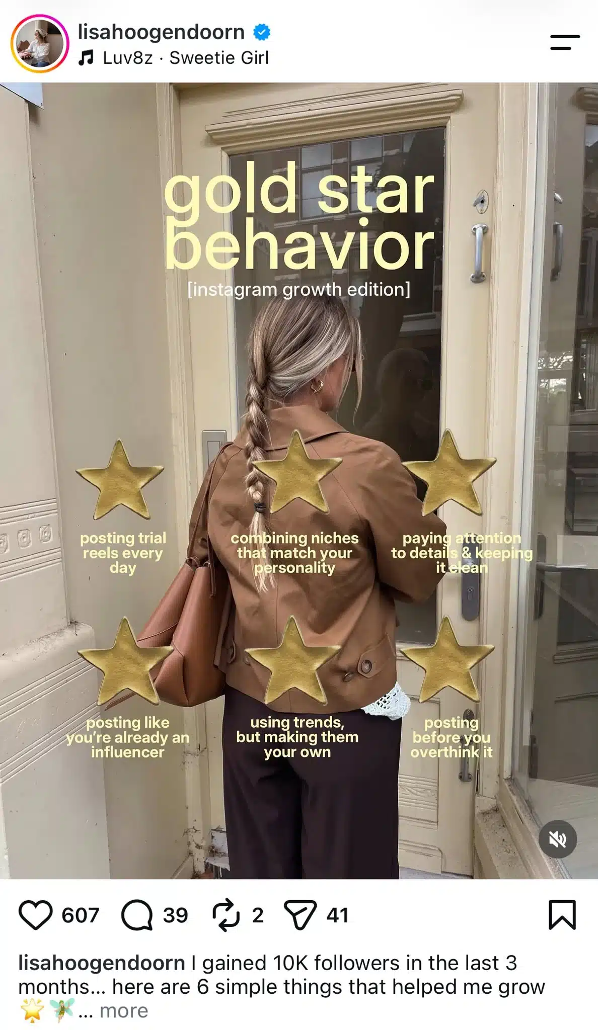 Instagram post about “gold star behavior” for Instagram growth, with six gold stars highlighting habits such as posting trial Reels, using trends, combining niches, and posting without overthinking.