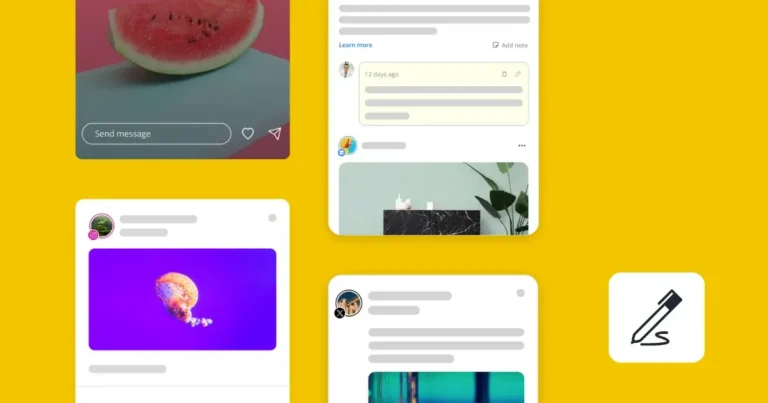 A bright yellow background featuring several floating social media post mockups with rounded white cards, profile icons, gray text placeholders, and images of a watermelon slice, a colorful jellyfish against a purple background, and a modern interior with plants. A white rounded-square button with a black pen-and-signature icon appears on the right.