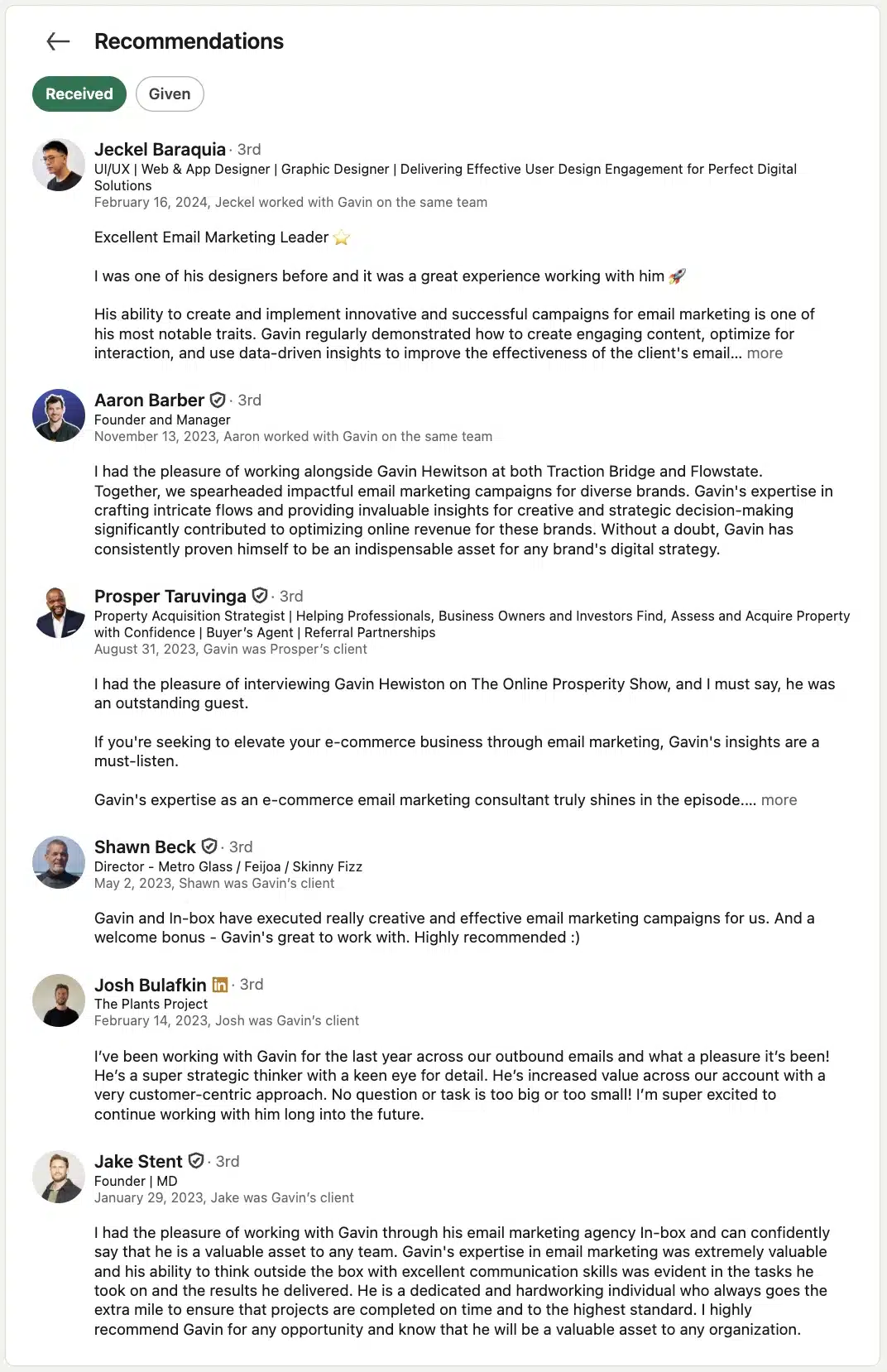 LinkedIn Recommendations page with the Received tab selected, displaying professional testimonials from colleagues and clients praising Gavin Hewiston’s email marketing expertise, campaign strategy, communication skills, and results. Each recommendation includes the author’s profile photo, name, professional title, and date.
