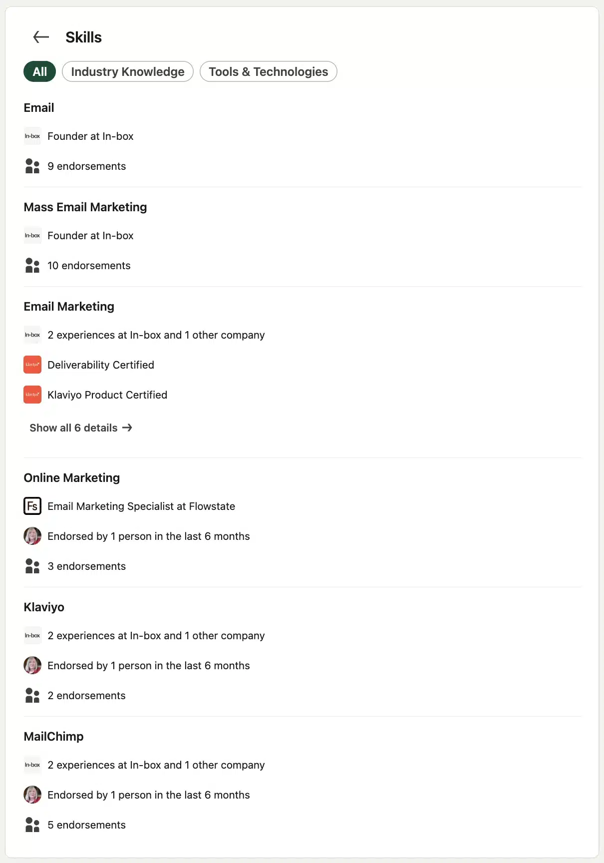 LinkedIn Skills section displaying Email, Mass Email Marketing, Email Marketing, Online Marketing, Klaviyo, and MailChimp, with associated work experience, certifications, and endorsement counts. Filters for All, Industry Knowledge, and Tools & Technologies appear at the top.