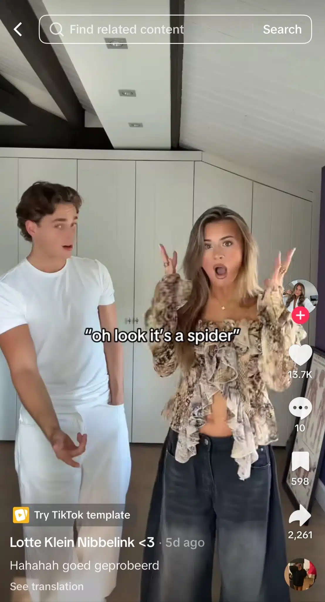 TikTok video showing a man and woman reacting dramatically to something off-screen, with text reading, “oh look it’s a spider.”