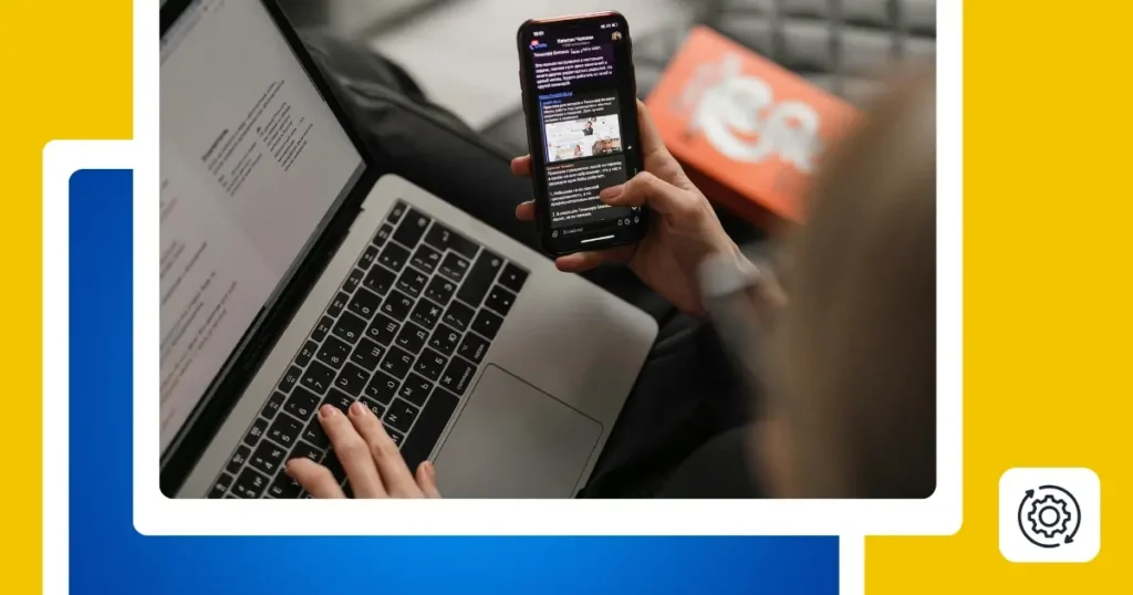 A person working on a laptop while holding a smartphone displaying a social media feed. The image is framed by a white border with blue gradient accents on a yellow background, featuring a gear icon symbolizing social media automation.