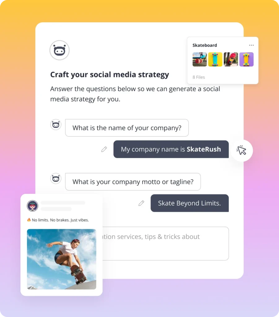 SocialBee AI Copilot interface showing a social media strategy questionnaire for SkateRush, with questions about the company name and tagline, a skateboard media folder, and a social media post preview featuring a skateboarder.