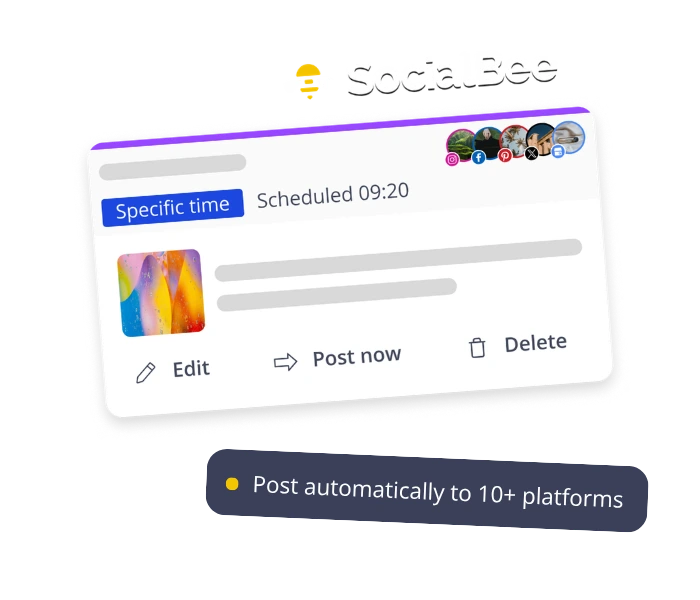 SocialBee's post scheduling interface showing a post scheduled for 09:20, with options to edit, publish immediately, or delete, and text highlighting automatic posting to 10+ platforms.