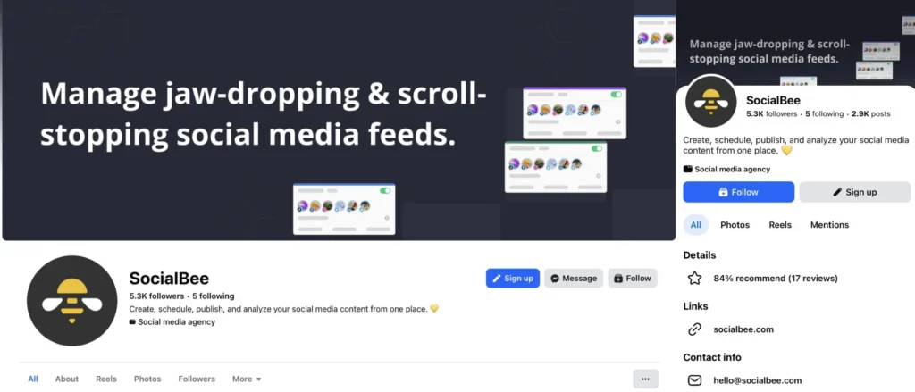 SocialBee Facebook page featuring a dark-themed cover image with the headline “Manage jaw-dropping & scroll-stopping social media feeds.” The banner includes illustrations of social media post previews and the SocialBee logo. Below the cover, the SocialBee page profile is displayed with follower information, call-to-action buttons, and company details.