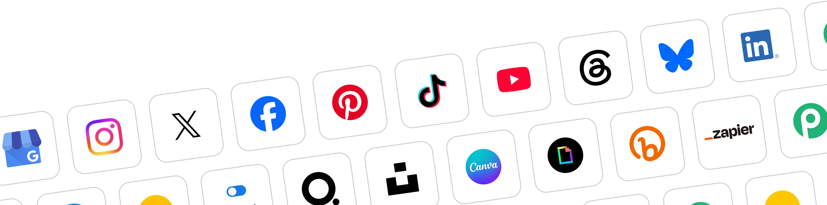 SocialBee integrations with Instagram, X, Facebook, Pinterest, TikTok, YouTube, Threads, Bluesky, LinkedIn, Google Business Profile, Canva, Zapier, and other platforms.