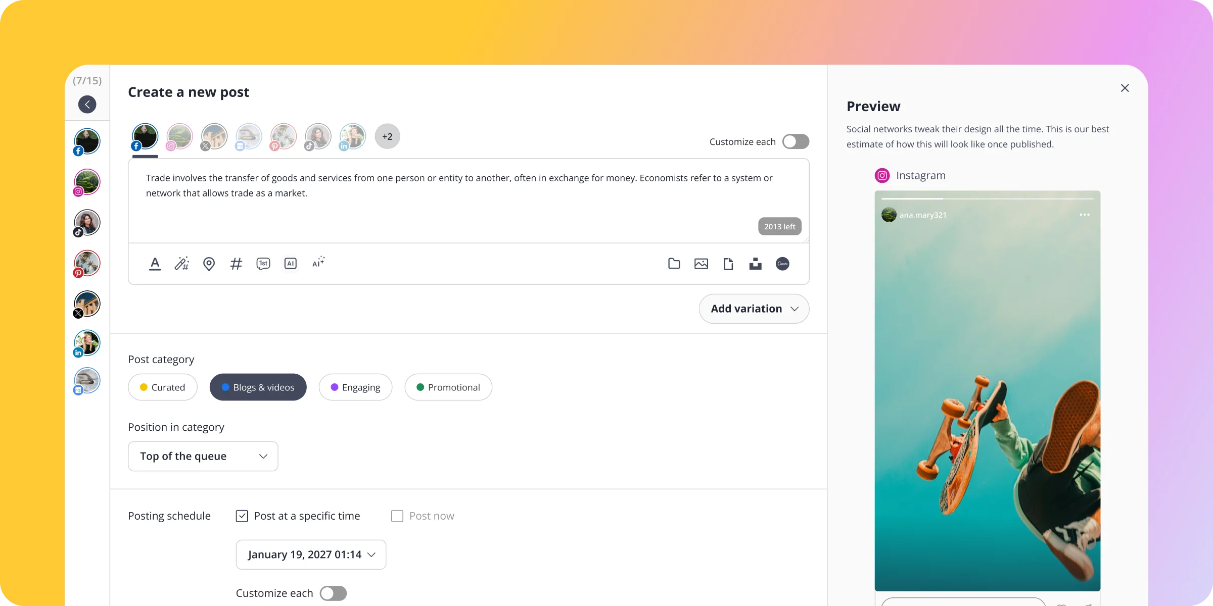 SocialBee post editor showing connected social media accounts, a caption field, content categories, scheduling options, and an Instagram post preview featuring a skateboarder performing a trick.