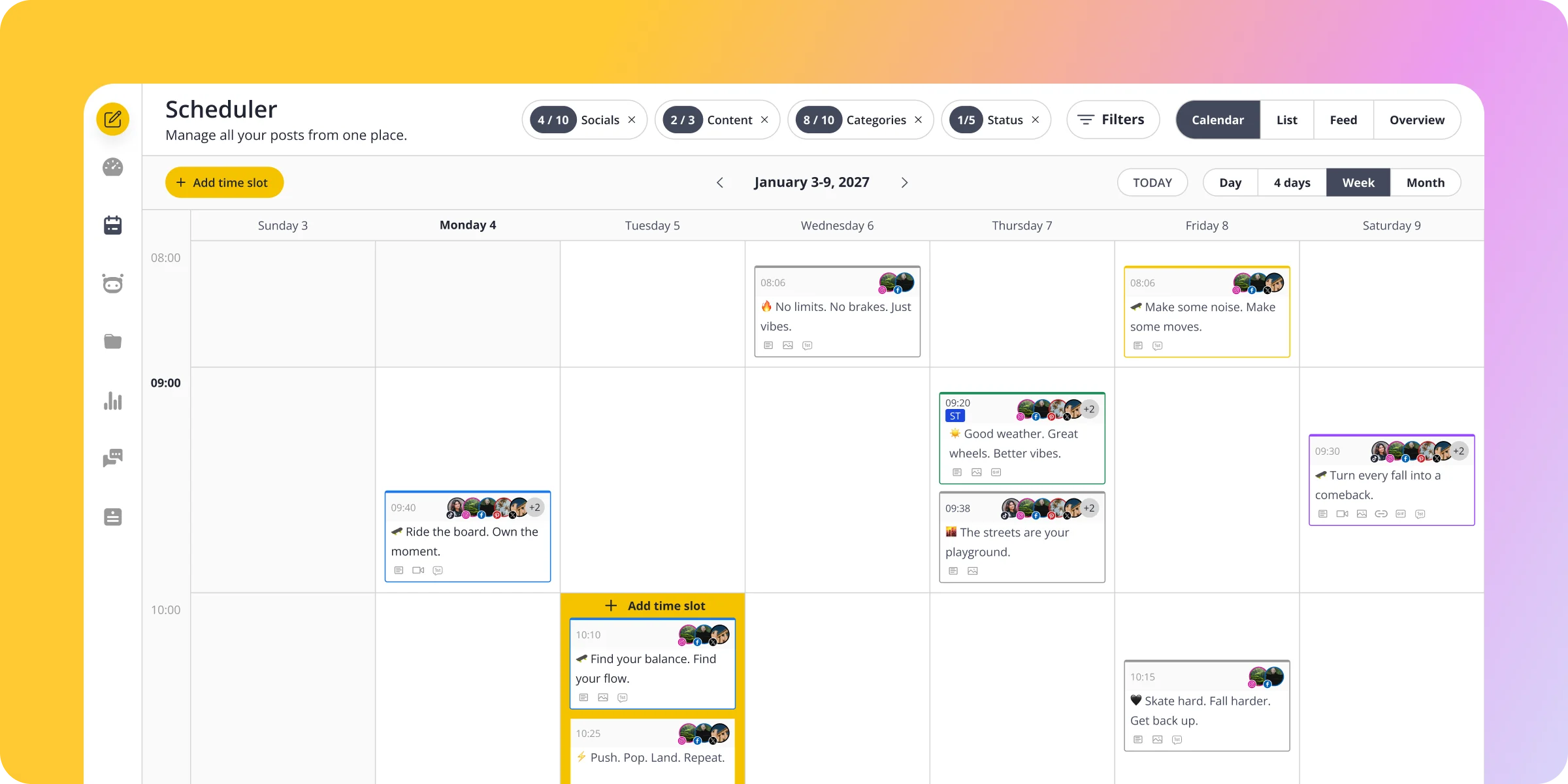 SocialBee Scheduler in weekly calendar view for January 3–9, 2027, showing scheduled social media posts organized by day and time, with color-coded cards, captions, and social platform icons.