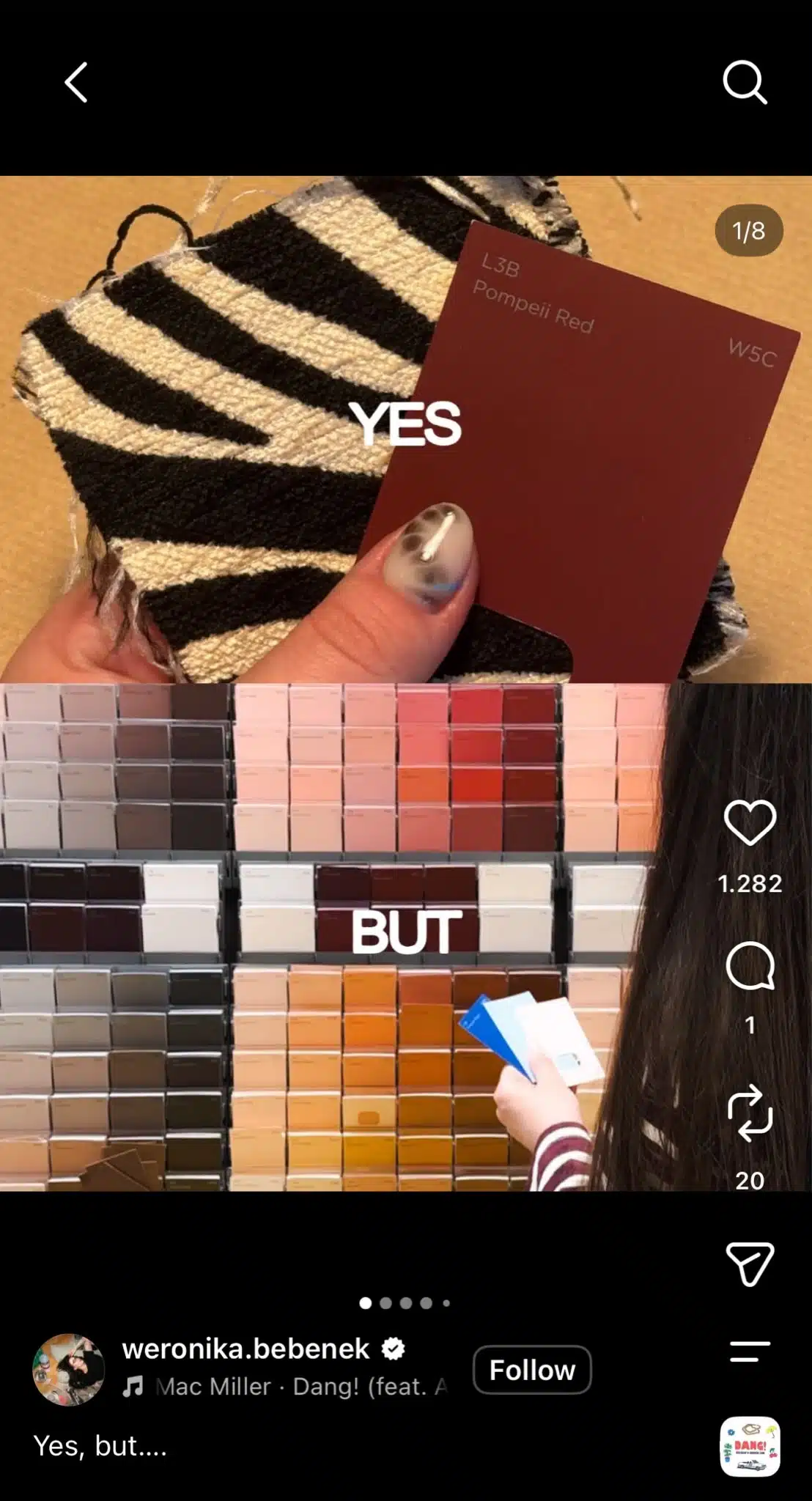 Instagram Reel using the “Yes, but” trend, with a red paint swatch and zebra-print fabric labeled “YES” above a wall of paint color samples labeled “BUT.”